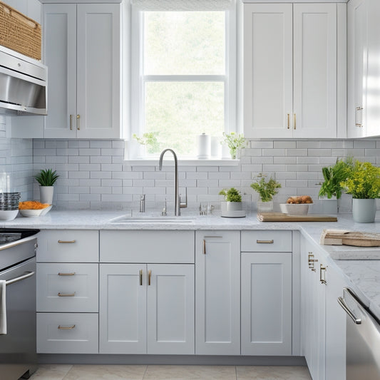 A bright, modern kitchen with a sleek sink area, featuring a pull-out trash can, a sliding utensil organizer, and a built-in soap dispenser, surrounded by crisp, white cabinets.