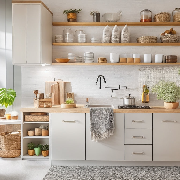 A bright, modern kitchen with a neutral-colored countertop, featuring a custom organizer system with wooden crates, woven baskets, and stainless steel containers, arranged harmoniously amidst sleek appliances.