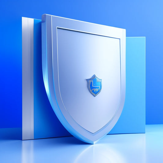 A close-up of a sturdy, metallic shield with a subtle Alpine-inspired design, protecting a stack of crisp, white documents, set against a clean, gradient blue background.