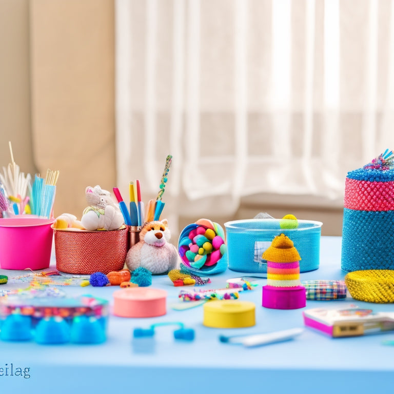 A colorful, clutter-free table scattered with Dollar Tree treasures: bins of beads, rolls of sparkly tape, pom-pom animals, and an assortment of DIY craft supplies, with a few finished projects in the background.