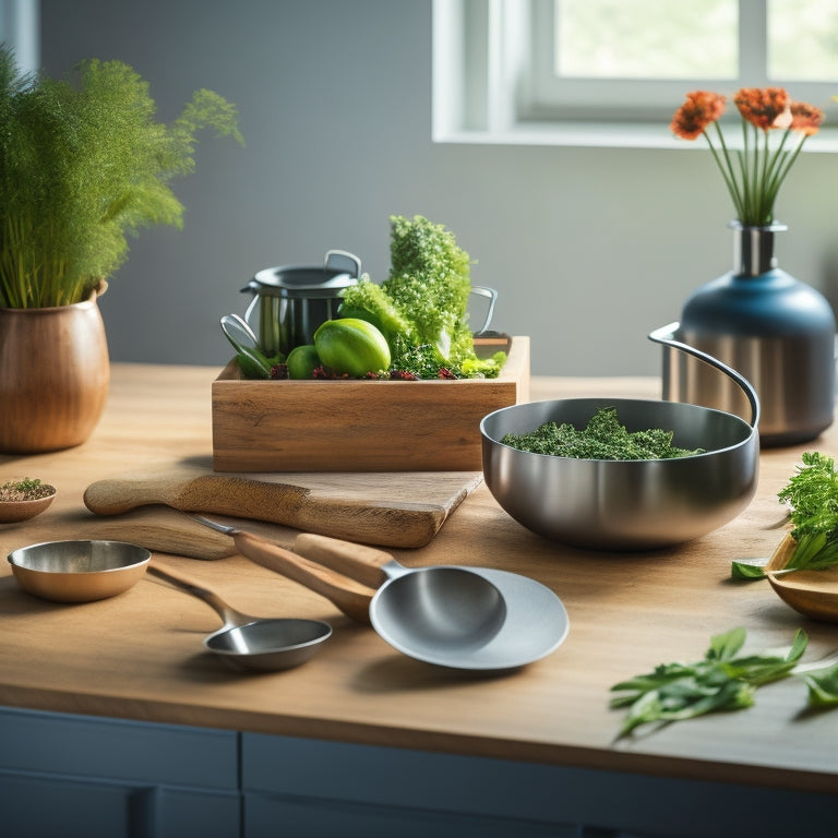 A serene kitchen scene: sleek countertops, utensils organized in a geometric utensil holder, a few fresh herbs on a small wooden cutting board, and a single, spotless mixing bowl on a stainless steel table.