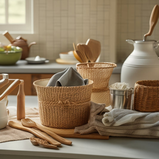 A tidy kitchen counter with a wooden utensil organizer, a stainless steel spice carousel, and a woven basket filled with neatly rolled tea towels, set against a soft, creamy background.