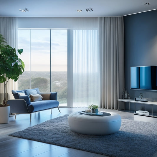 A futuristic living room with sleek lines, minimalist decor, and a large screen displaying a smart home dashboard, surrounded by automated curtains, lights, and thermostat controls.