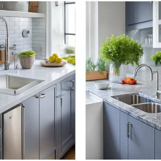 A bright, modern kitchen with a sink area transformed into a sleek, organized space: a stainless steel sink with a built-in soap dispenser, a pull-out trash can, and a matching utensil holder.