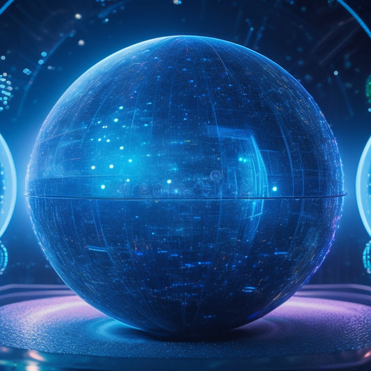 A futuristic, spherical hub with glowing blue circuits and neon-lit data streams swirling around a central core, surrounded by orbiting, translucent data orbs and faint, grid-like frameworks.