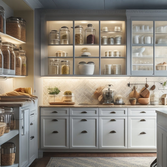 A tidy, well-lit kitchen with renovated cabinets featuring adjustable shelves, baskets, and pull-out drawers, showcasing organized baking supplies and spices in glass jars and decorative canisters.