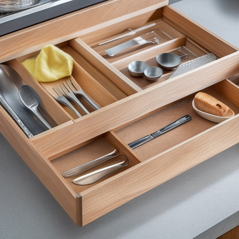 A tidy kitchen drawer with a divider system, showcasing three essential utensil storage hacks: a vertical knife block, a slotted spoon rest, and a divided tray for small items.