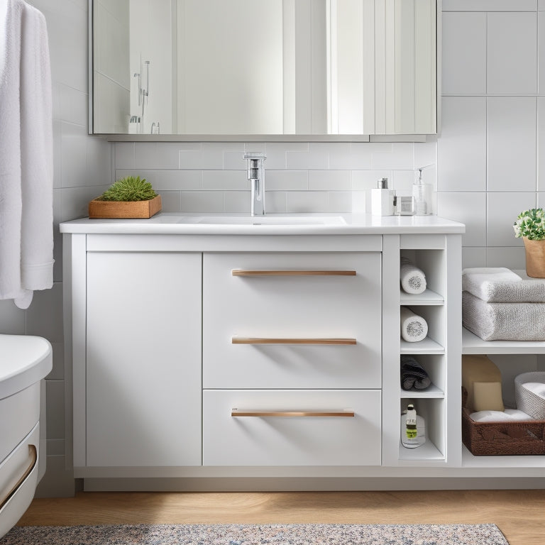 A clutter-free under-sink area with a sleek, modern sink cabinet featuring pull-out drawers, adjustable shelves, and a pedestal organizer, surrounded by a clean, white, and minimalist bathroom backdrop.