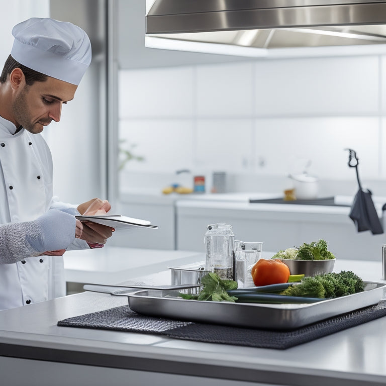 A clean and modern kitchen with a commercial-style stainless steel counter, a chef in a white coat and hat inspecting a clipboard, and a thermometer lying next to a plate of fresh food.