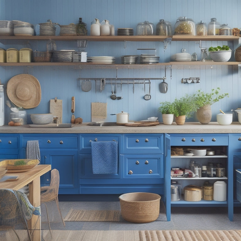 A cluttered kitchen with stacked pots, tangled utensils, and overflowing cabinets, contrasted with a adjacent sleek, organized kitchen featuring pull-out shelves, a pegboard, and a tidy island with built-in storage.