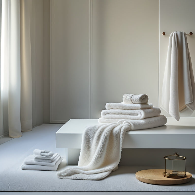 A serene, minimalist room with a few, carefully-curated possessions, surrounded by empty space, featuring a single, perfectly-folded, snow-white towel, radiating a sense of calm and inner peace.