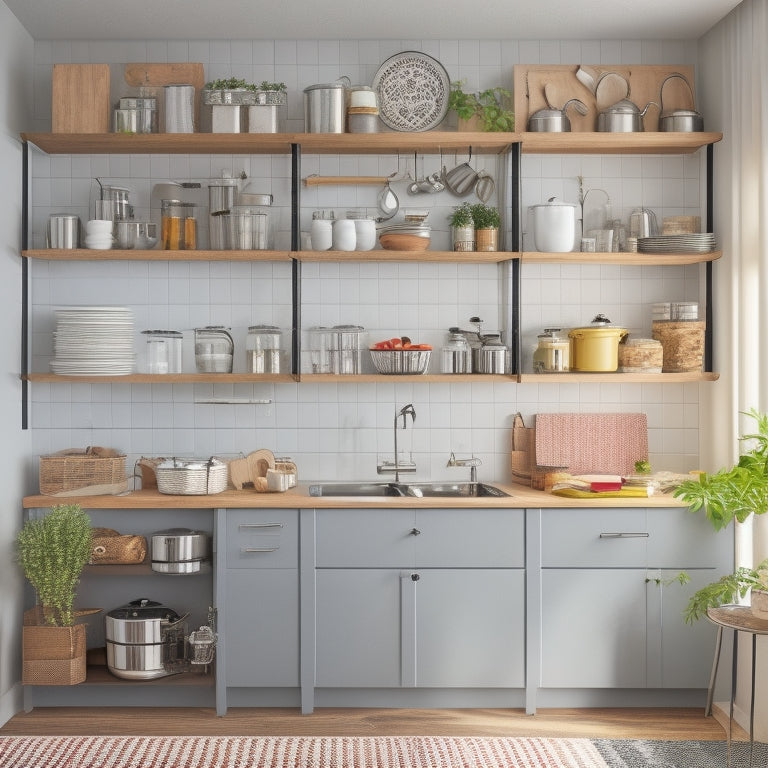 A clutter-free studio apartment kitchen with a wall-mounted pot rack, a compact island with built-in storage, and a pegboard with organized utensils and cookware, illuminated by natural light.