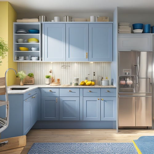 A bright, modern, and compact kitchen with sleek cabinets, a wall-mounted pot rack, a pull-out pantry, and a slide-out trash can, showcasing optimal use of vertical space.