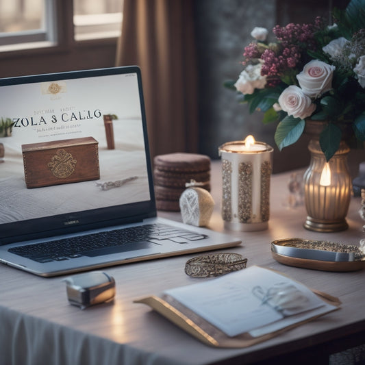 A warm, golden-lit scene featuring a beautiful, ornate, antique wooden desk with a laptop opened to a Zola registry page, surrounded by elegant, white, wedding gifts and decor.