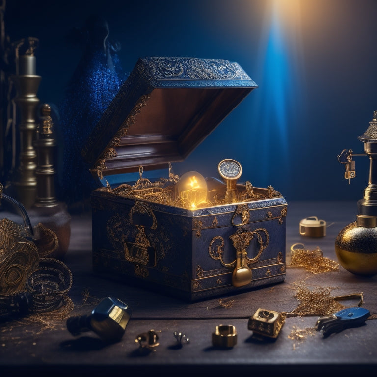 A golden key unlocking a treasure chest overflowing with various innovative products, surrounded by creative sparks, gears, and lightbulbs, set against a dark blue background with subtle gradient effects.