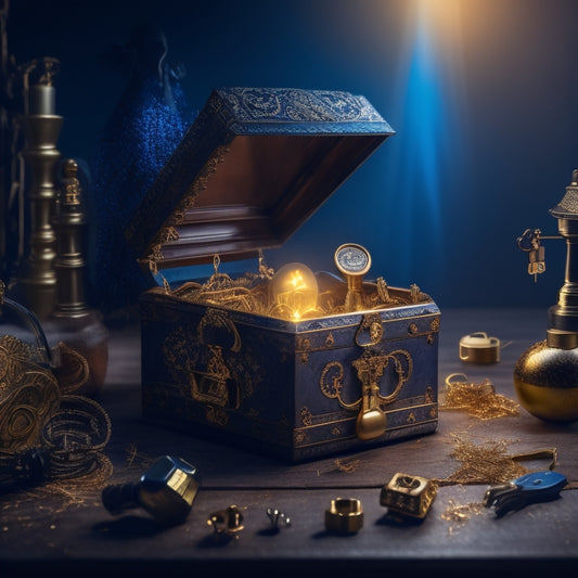 A golden key unlocking a treasure chest overflowing with various innovative products, surrounded by creative sparks, gears, and lightbulbs, set against a dark blue background with subtle gradient effects.