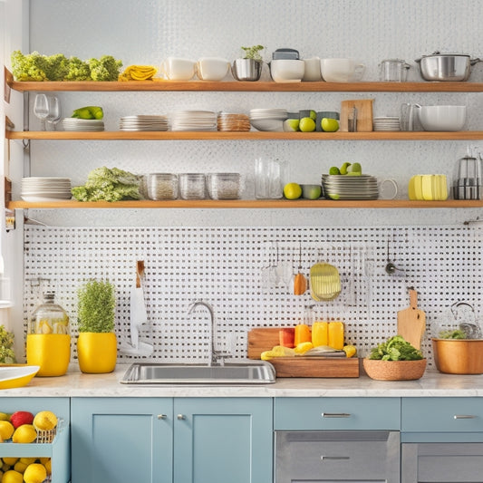 A bright, modern kitchen with sleek countertops, a pegboard with hanging utensils, a pull-out trash can, and a wall-mounted spice rack, surrounded by fresh fruits and cooking utensils in neat rows.