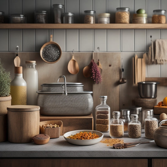 A tidy kitchen countertop with a mix of 5-7 containers in various shapes, sizes, and materials (e.g., wooden crates, ceramic jars, stainless steel canisters) holding utensils, spices, and ingredients.