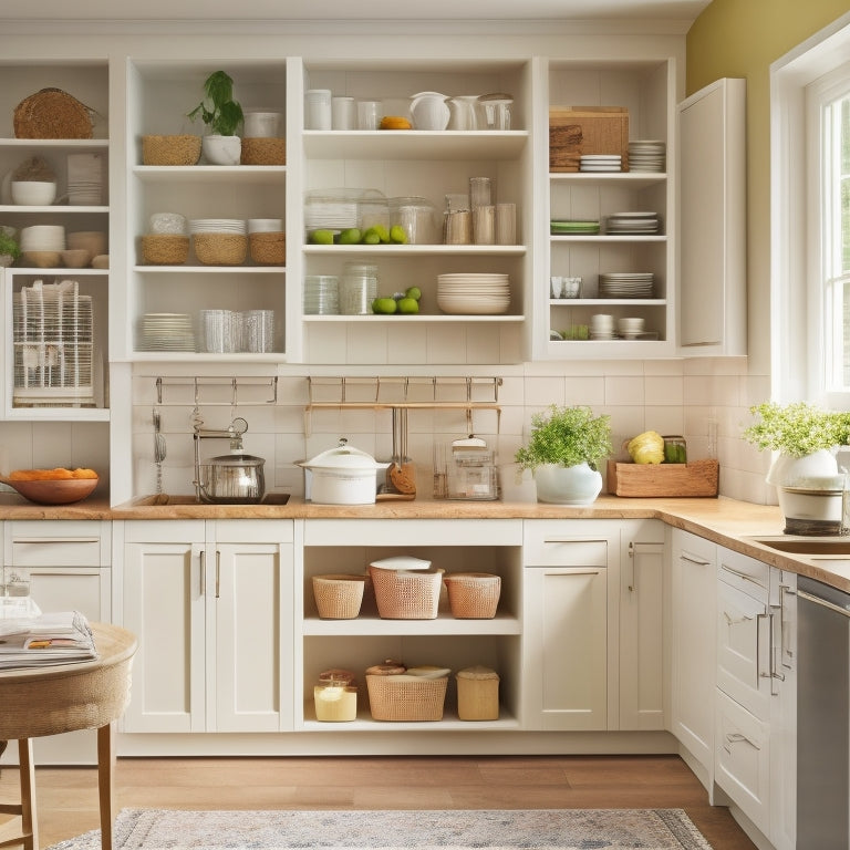 A modern, clutter-free kitchen with sleek cabinets, featuring a pull-out shelving unit with three tiers, filled with organized cookbooks, kitchen utensils, and dinnerware, set against a soft, creamy background.