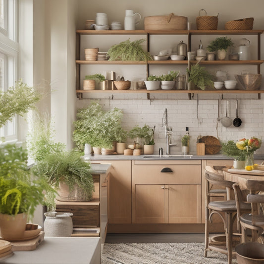 A bright, modern kitchen with a refurbished island, adorned with potted greenery and a vase, surrounded by open shelves with decorative jars and cookbooks, against a warm, honey-toned wooden backdrop.