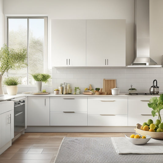 A serene, minimalist kitchen with a few, carefully-chosen appliances and utensils, plenty of natural light, and a few fresh fruits and vegetables on the counter, surrounded by empty space.