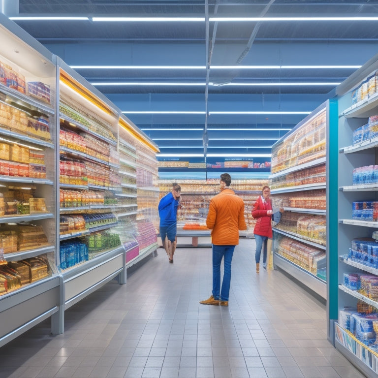 An illustration of a modern grocery store with robots and augmented reality displays, showing efficient shelf restocking, automated inventory management, and collaborative robots assisting staff.