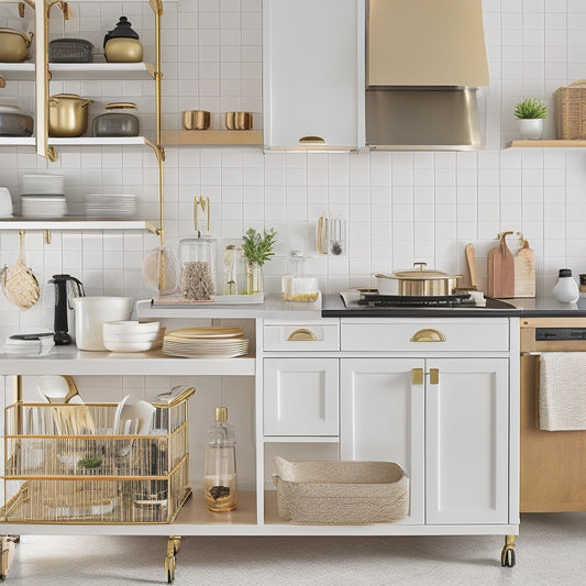 A tidy, modern kitchen with creamy white cabinets, soft gold hardware, and sleek black countertops, showcasing a organized utensil holder, a tiered spice rack, and a compact kitchen cart with baskets.