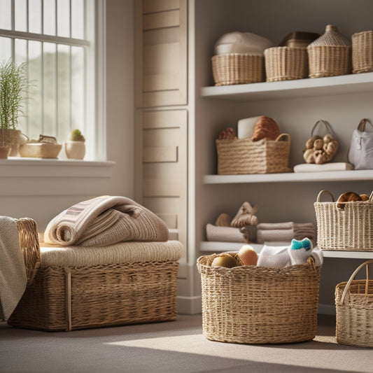 A tidy, well-lit room with a wall-mounted shelf holding a stack of 5-7 woven baskets in graduated sizes, each filled with neatly folded linens, toys, or office supplies.