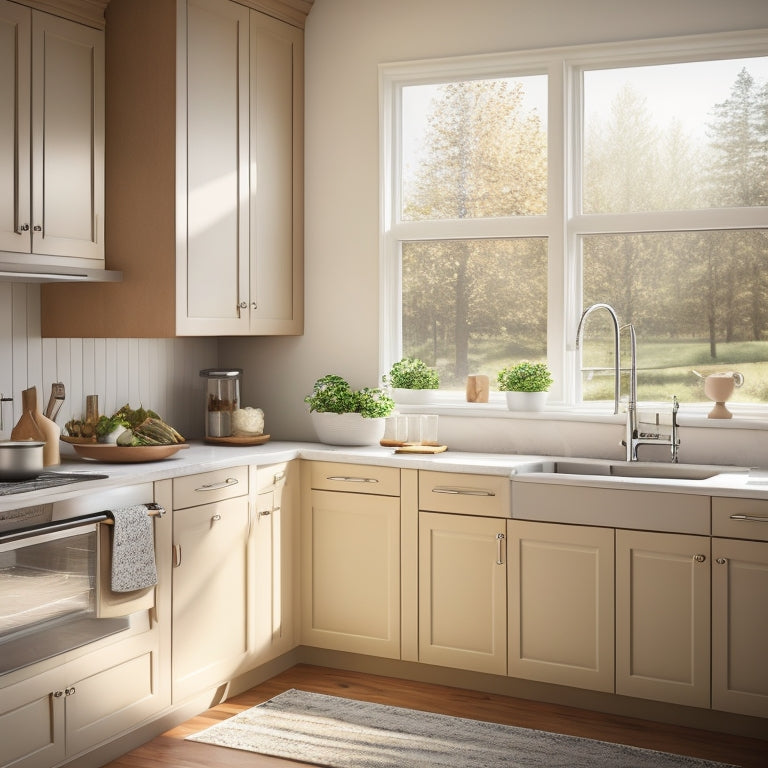 A serene, modern kitchen with cream-colored cabinets, warm wood accents, and sleek stainless steel appliances, illuminated by soft natural light pouring in through a large window above the sink.