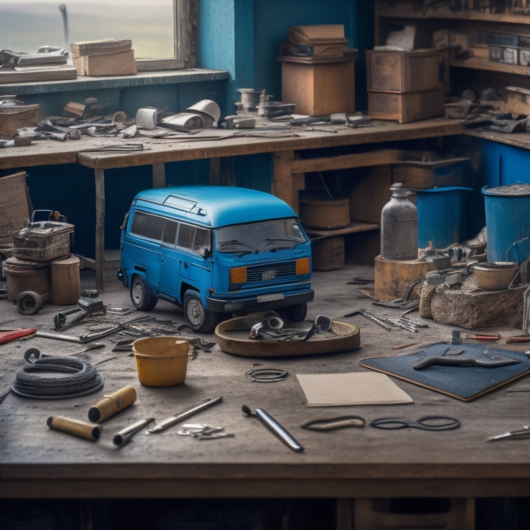 A cluttered workshop table with multiple Vanagon repair manuals stacked haphazardly, surrounded by scattered tools, wrenches, and torn-out pages, with a vintage Vanagon camper van in the blurred background.