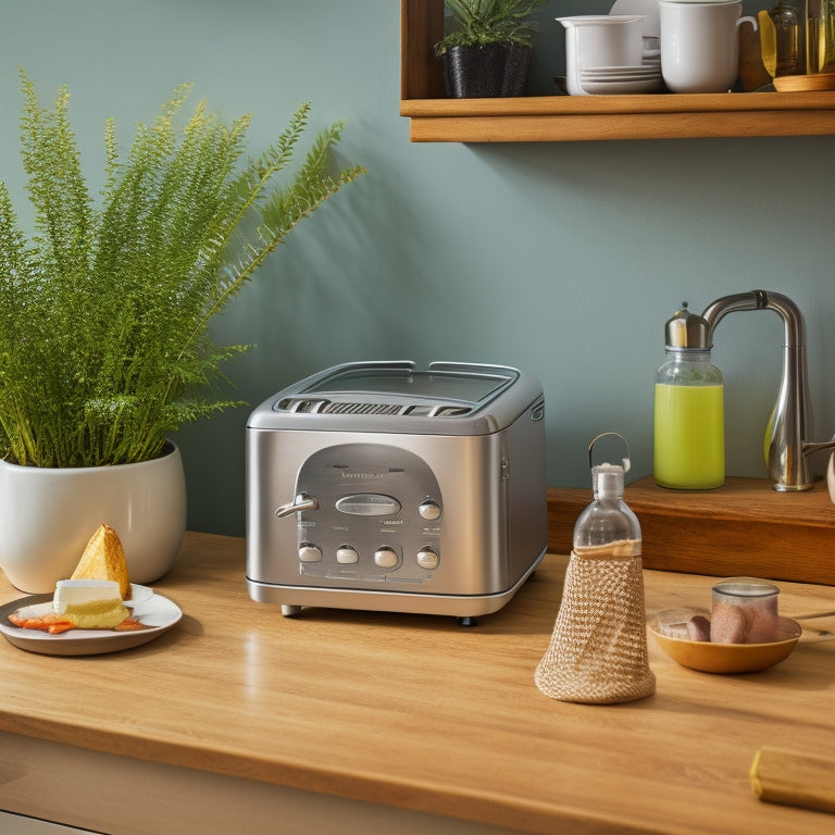 A tidy kitchen counter with a sleek, compact toaster and microwave on a wooden cart, surrounded by minimal cookbooks and a few utensils, with a subtle greenery background.