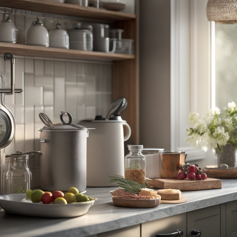 A tidy kitchen countertop with a utensil organizer, spice rack, and a few carefully placed appliances, surrounded by a subtle background of warm, natural light and soft, blurred kitchen cabinetry.