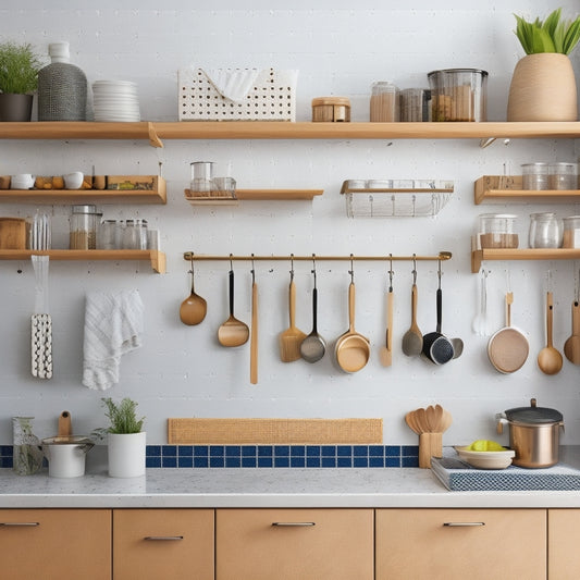 A bright, modern kitchen with 10 distinct storage zones, each showcasing a unique hack: a pegboard with hanging utensils, a pull-out spice rack, a utensil organizer, and more, all neatly organized and clutter-free.