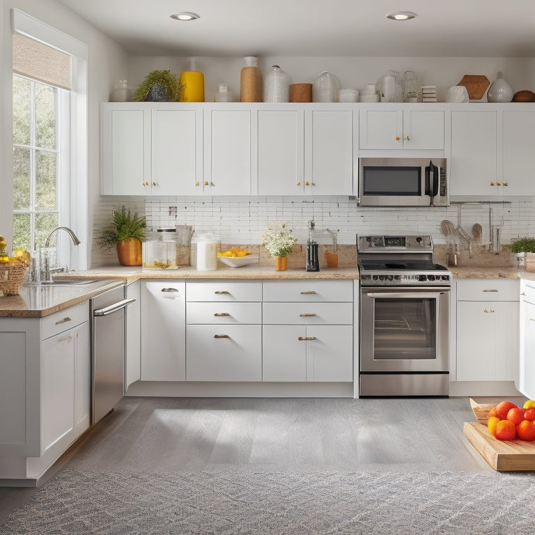 A bright, modern kitchen with sleek white cabinets, stainless steel appliances, and a large island in the center, featuring a pegboard with neatly arranged utensils and a built-in trash can.