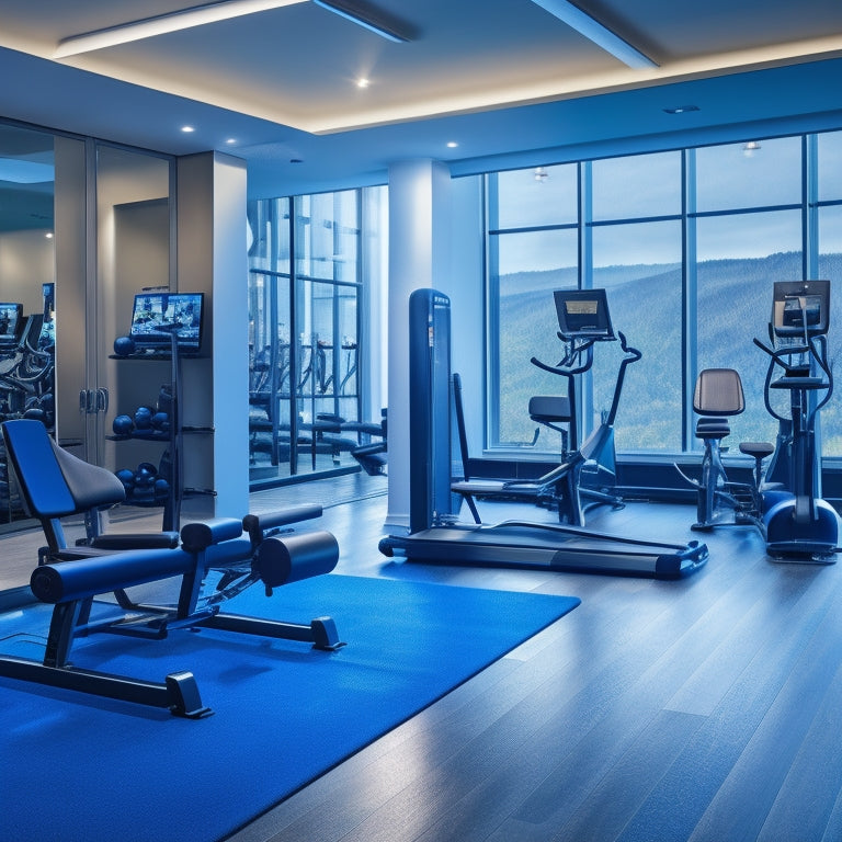 A modern, well-lit showroom with polished floors, featuring a sleek, black fitness machine in the foreground and rows of high-end exercise equipment in the background, with a subtle gradient of blue and silver tones.