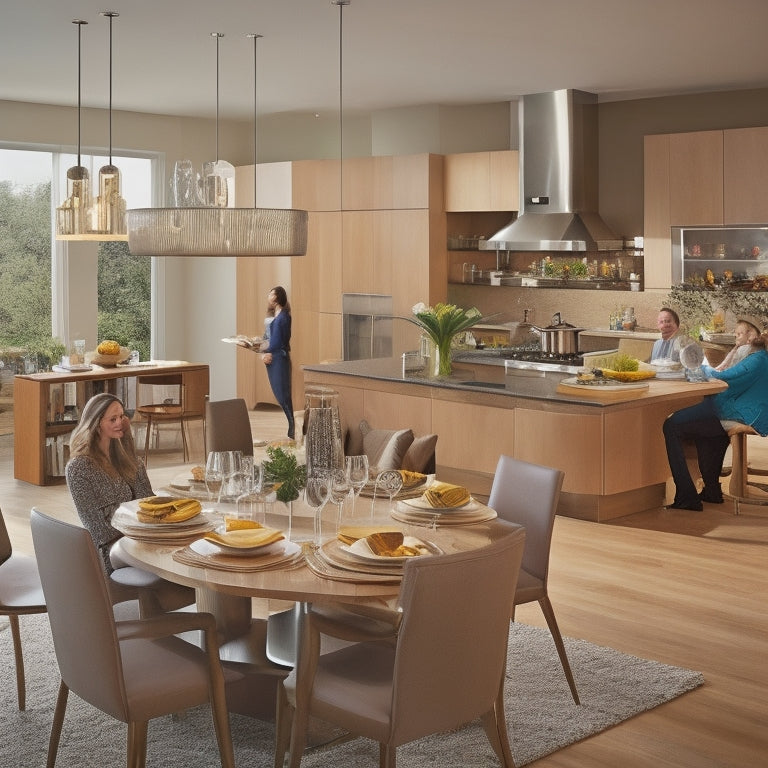 A bustling open-plan kitchen with sleek, high-gloss cabinets, a central island with a built-in cooktop, and a circular dining table surrounded by stools, amidst a lively dinner party with laughing guests.