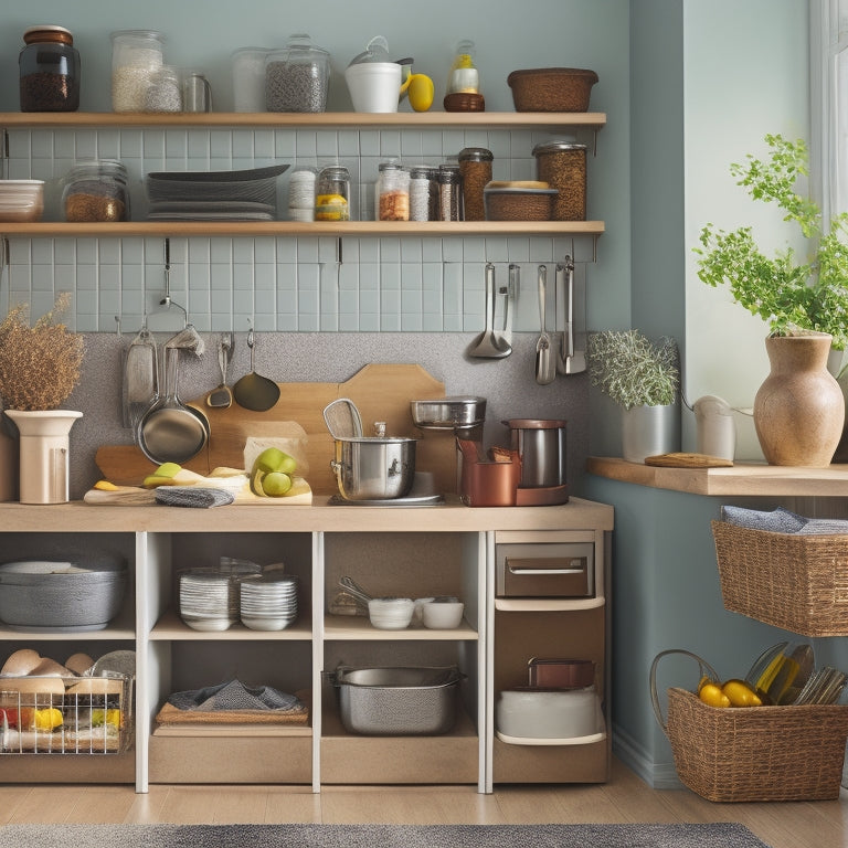 A kitchen counter with a built-in utensil organizer, a tiered spice rack, a wall-mounted pot rack, and a slide-out trash can, showcasing a clutter-free and efficient workspace.