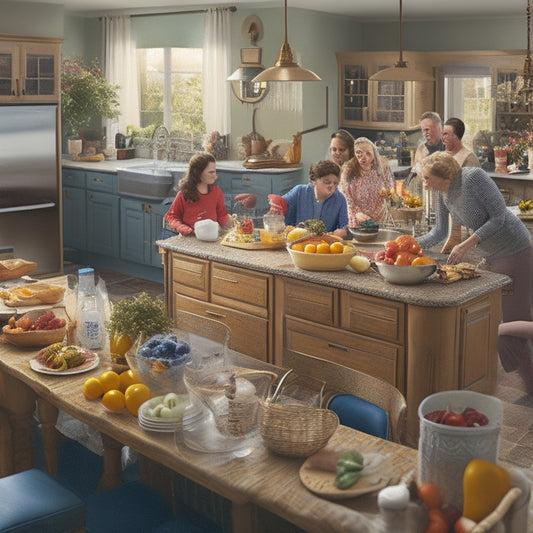 An illustration of a bustling kitchen with a large family gathered around a central island, cluttered countertops, and open cabinets, with a subtle hint of chaos and disorganization.