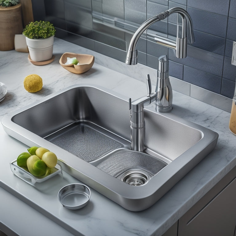 A sleek, modern kitchen sink with a stainless steel basin, surrounded by a tidy arrangement of soap dispensers, scrubbers, and sponges in a built-in tray with drainage holes.