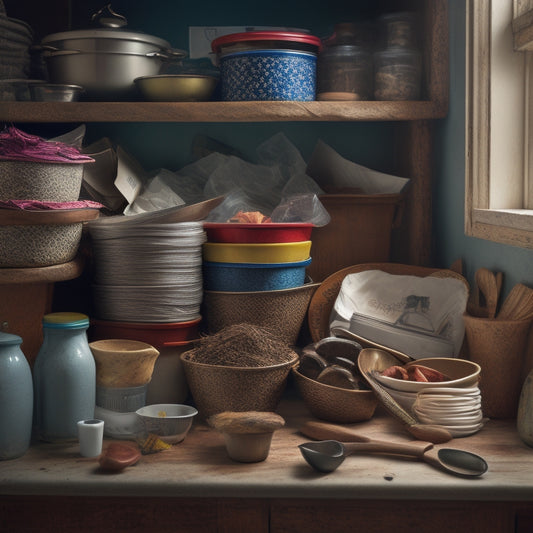 A cluttered kitchen cabinet with stacks of mismatched containers, utensils tangled in a mess of cords, and a lone wooden spoon buried under a heap of crumpled recipe papers.