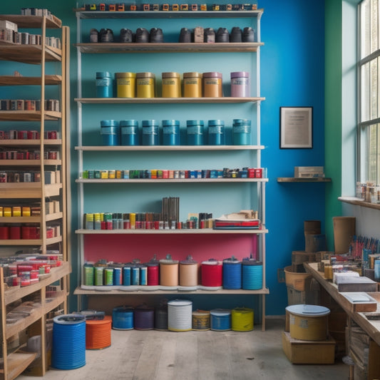 A neatly arranged, well-lit workspace with rows of paint cans organized by color, stacked on wooden shelves, surrounded by paintbrushes, rollers, and a color-coded label maker.