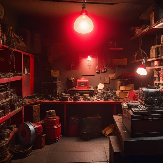 A dimly lit, cluttered darkroom with vintage cameras, film reels, and metal developing trays, surrounded by red safe lights, with a single, eerie, flickering light bulb hanging from the ceiling.