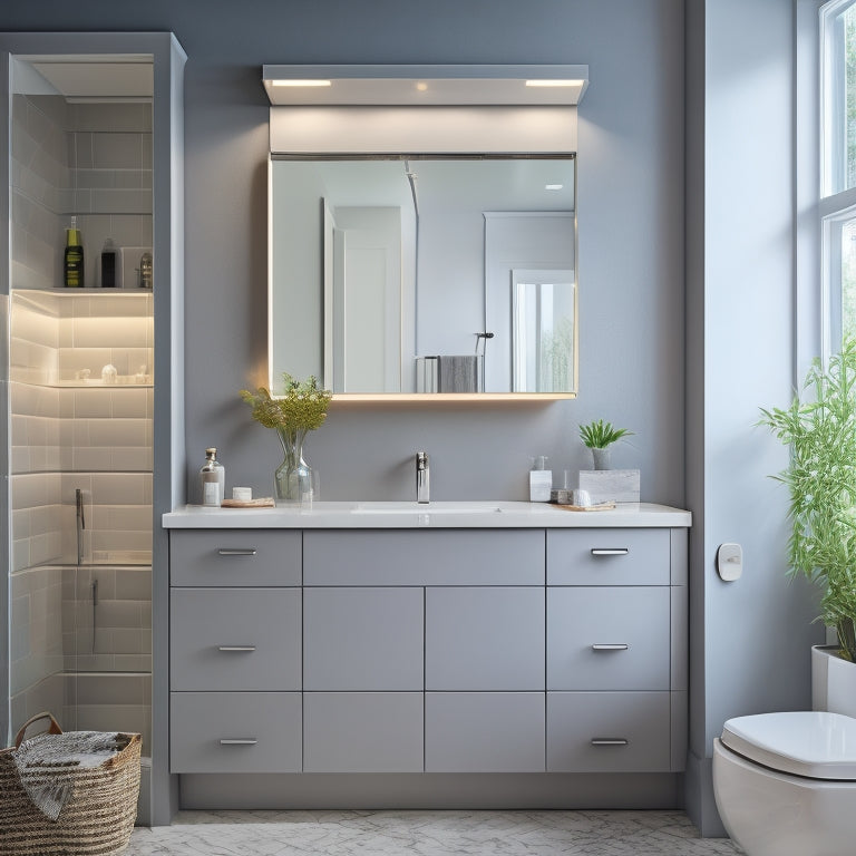 A modern bathroom with sleek, wall-mounted cabinets in a soft gray hue, featuring pull-out drawers, LED-lit shelves, and a cantilevered countertop with built-in USB outlets.