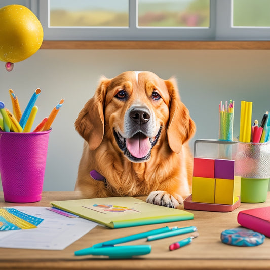 A colorful illustration of a happy dog sitting on a desk, surrounded by colorful pens, sticky notes, and a partially filled-out planner with paw prints and dog treats incorporated into the design.