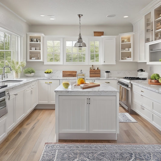 A bright, modern kitchen with sleek white cabinets, warm hardwood floors, and a large island featuring a built-in sink, cooktop, and smart storage solutions, including pull-out spice racks and drawer organizers.