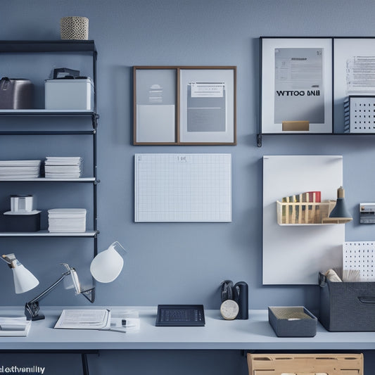 A minimalist, monochromatic illustration of a tidy room with labeled storage bins, a pegboard with hanging tools, and a desktop with a paper tray and a single, organized notebook.