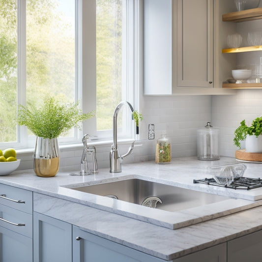 A modern kitchen with a corner sink, surrounded by sleek white cabinets, a stainless steel faucet, and a built-in soap dispenser, showcasing an efficient workflow with ample counter space.