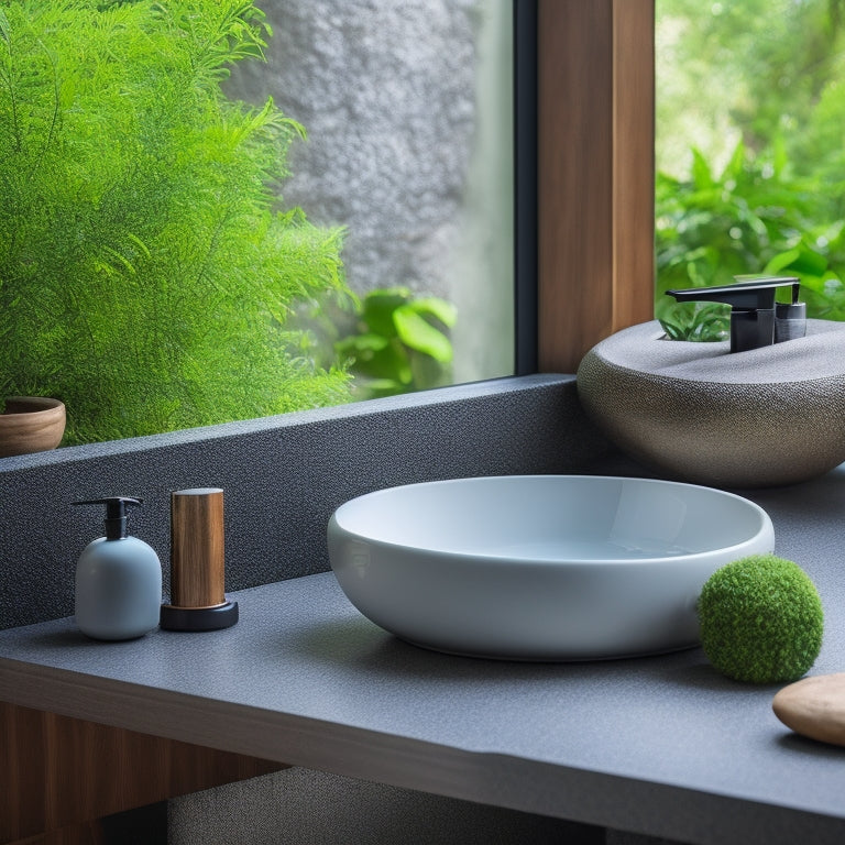 A serene, minimalist sink area with a wall-mounted faucet, a sleek soap dispenser, and a few carefully placed river rocks on a wooden countertop, surrounded by lush greenery.