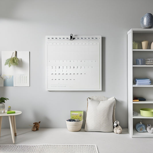 A tidy, minimalist home interior with a calendar on the wall, color-coded cleaning supplies, and a few toys and books neatly organized, with a subtle hint of a smiling parent in the background.