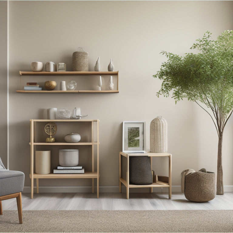 A serene, minimalist living room with a sleek, wall-mounted shelving system, a few carefully-placed decorative objects, and a single, elegant storage basket on a polished wooden floor.